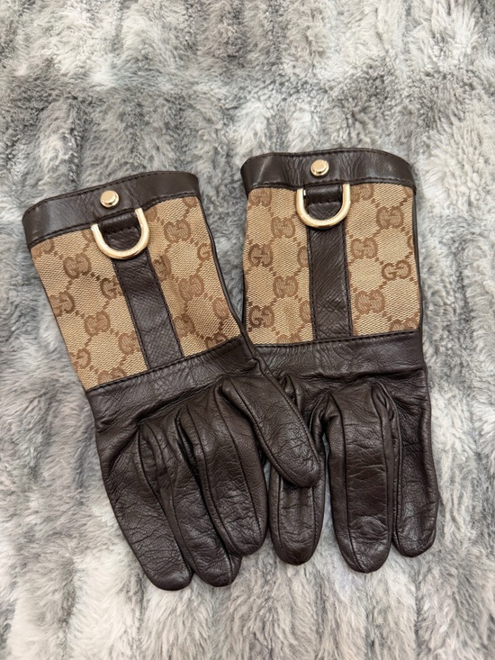 Gucci Accessories - Gucci Brown Leather & GG Canvas women’s Gloves with Gold Hardware